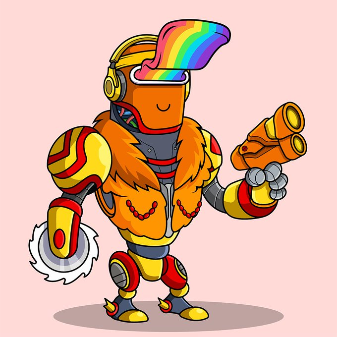 A cartoon illustration of a colorful robot character with rainbow visor hair, gold headphones, fur collar, and a large arm cannon against a pink background.