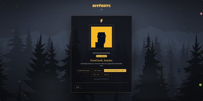 A digital interface with a forest background displaying a yellow logo and the text 'BITBOYS' at the top, with a message reading 'Good luck, hunter. Everything checks out...' and buttons for 'DOWNLOAD IMAGE', 'COPY IMAGE', and 'ENTER THE HUNTERS DETAILS'.