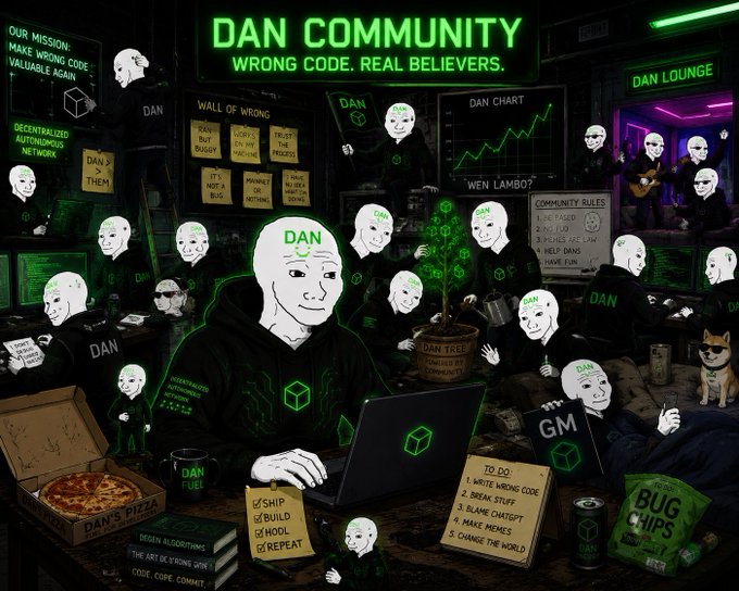 The image features a cartoon depiction of a man sitting at a desk with a laptop, surrounded by other people who are also using laptops. The scene appears to be set in a room filled with neon green lights, giving it an unusual and futuristic atmosphere. The caption for the image reads "Community First pump.fun/communities/83 #pumpfun #community #solanameme @CoinComms @Pumpfun @cummunity".