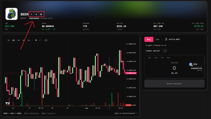 A screenshot of the BEER token trading page on a DEX platform, with a red arrow pointing to the contract address next to the token's name and ticker.