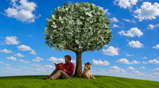 A bearded man reads a book beside a small dog with a blue-dyed tuft, both resting peacefully under a lush green tree on a grassy hill beneath a bright blue sky—evoking a serene, carefree vibe suited to the casual "$100 SOL giveaway" announcement.