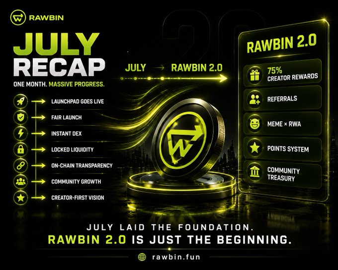 A 'RAWBIN' July Recap promotional graphic in black and neon green highlighting milestones like 'LAUNCHPAD GOES LIVE', 'FAIR LAUNCH', and '75% CREATOR REWARDS' with the URL rawbin.fun.
