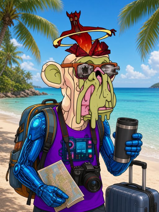 Surreal cartoon illustration of a creature with a melting skull face, rooster-like comb, sunglasses, a blue robotic body holding a coffee tumbler, camera, map, and suitcase on a tropical beach.