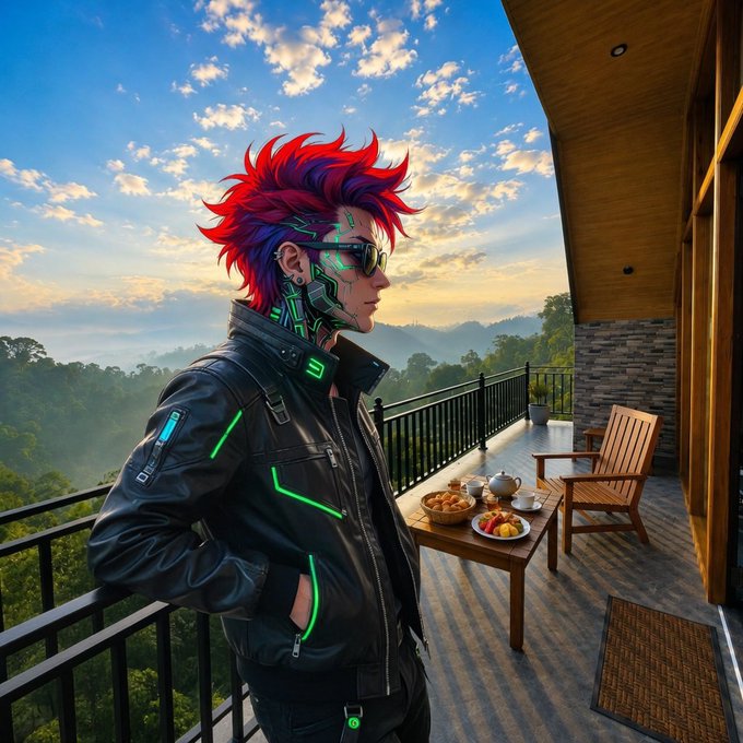 A cyberpunk-styled character with vibrant red and blue hair, glowing green circuitry on their face, and a neon-accented leather jacket stands on a mountain-view balcony beside a breakfast table, projecting a futuristic, AI-enhanced aesthetic. The image visually echoes the post's theme of sovereign, encrypted onchain AI, blending high-tech cyberpunk design with the clarity and privacy of a serene overlook.