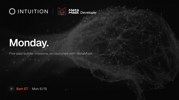 The image shows a poster for an event called "Monday." The poster features a brain made of black lines and dots against a dark background. Below the brain, there are two text boxes that read "Five paid builder missions co-launched with MetalMask" and "@intuition_box & @MetaMaskDev". The poster also includes an event date and time, which is 6:15 PM on Monday, June 15th at 9am ET.