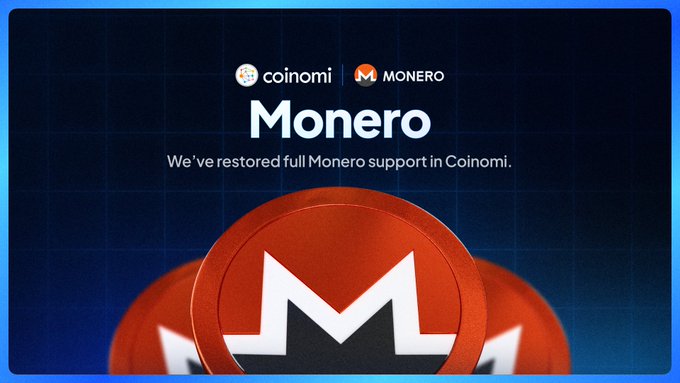 A promotional graphic featuring Coinomi and Monero logos with the text 'Monero' and 'We've restored full Monero support in Coinomi.' above 3D Monero coins.