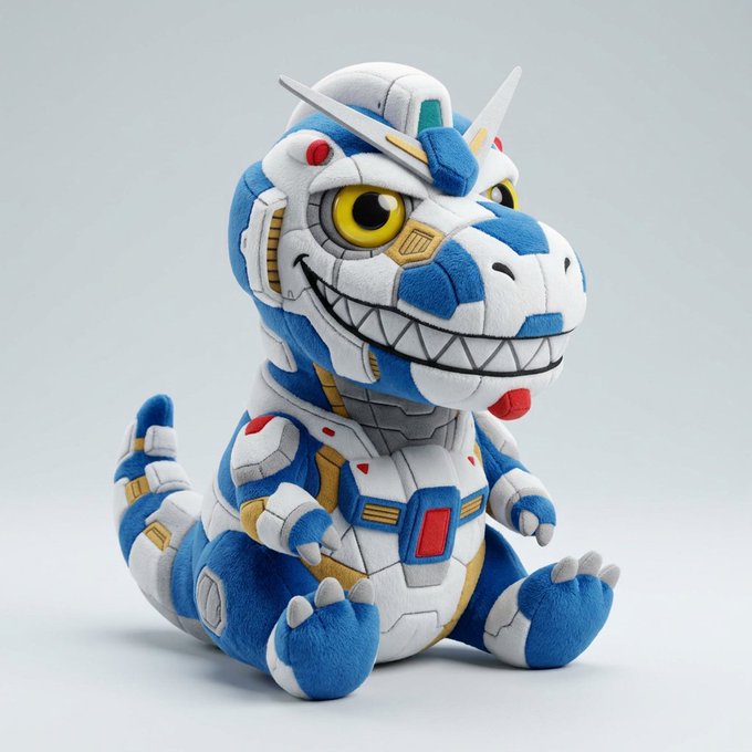 A plush toy designed as a blue, white, and red mecha-style dinosaur with sharp teeth and mechanical panel details.