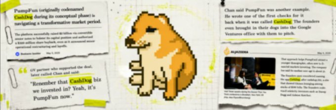 A collage of news clippings with text about PumpFun, CashDog, and crypto launches is paired with a pixelated orange Shiba Inu dog, matching a social media post promoting the new Solana token $CASHDOG and noting that "the biggest meme is Cash Dog."