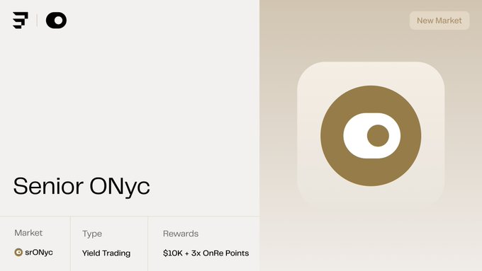 A market page for 'Senior ONyc' showing it as a Yield Trading market on the OnRe platform offering $10K + 3x OnRe Points.