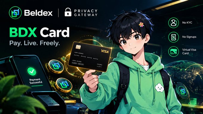A promotional banner for the Beldex BDX Card, a Privacy Gateway featuring a Virtual Visa Card with 'No KYC' and 'No Signups', depicting an anime-style character holding a credit card.