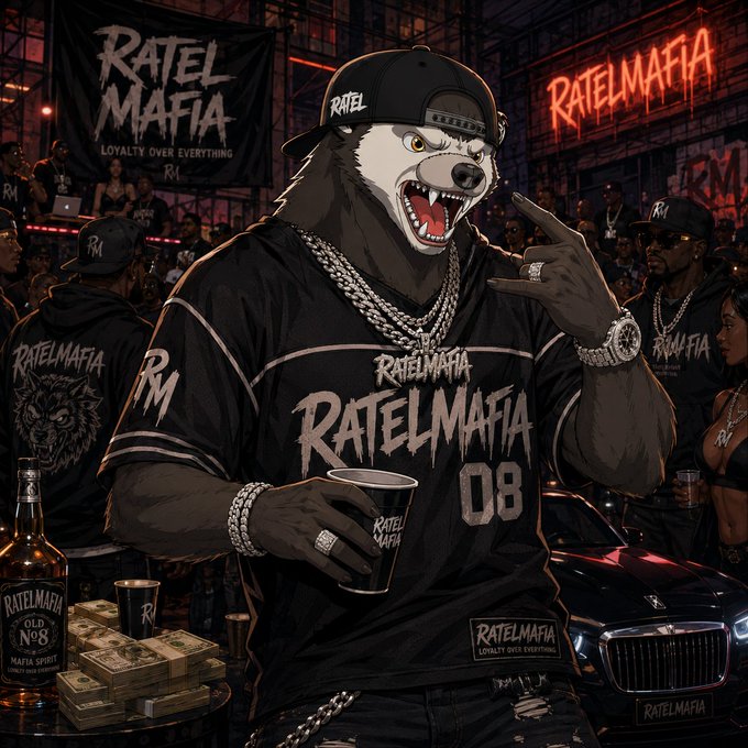 An animated illustration of a fierce honey badger character wearing a black 'RATELMAFIA' jersey, cap, and heavy chains, holding a cup at a nightclub scene with a 'RATELMAFIA LOYALTY OVER EVERYTHING' banner in the background.