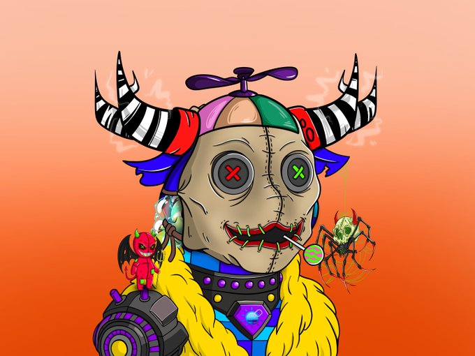 A colorful digital illustration of a creepy horned creature with stitched facial features, 'X' and 'O' eyes, a propeller hat, and small devil and spider characters against an orange gradient background.