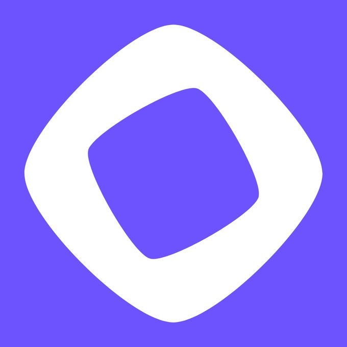 A purple background featuring a white rounded square or diamond-shaped logo with a hollow center.
