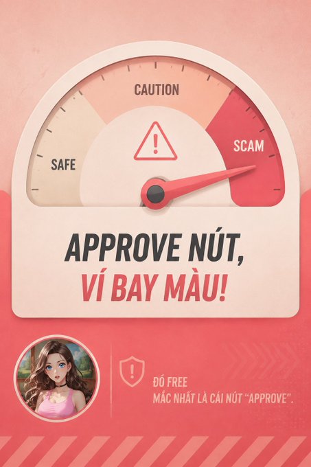 A pink and red warning graphic with a speedometer-style gauge pointing to 'SCAM', featuring the Vietnamese text 'APPROVE NÚT, VÍ BAY MÀU!' and a smaller note 'ĐỒ FREE MẮC NHẤT LÀ CÁI NÚT "APPROVE".'