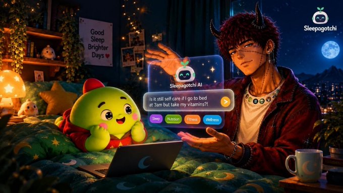 An anime-style illustration of a character named Sleepagotchi with red horns, holding a holographic Sleepagotchi AI chat bubble, alongside a green mascot character in a cozy bedroom setting at night.
