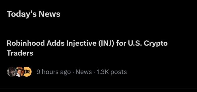 Breaking news: Robinhood has added Injective (INJ) for U.S. Crypto Traders, which is trending on X today.