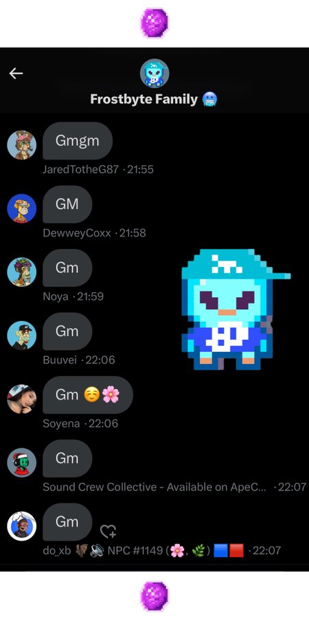 A Telegram chat called 'Frostbyte Family' with multiple users posting 'Gm' and 'Gmgm' messages alongside a pixel art character.