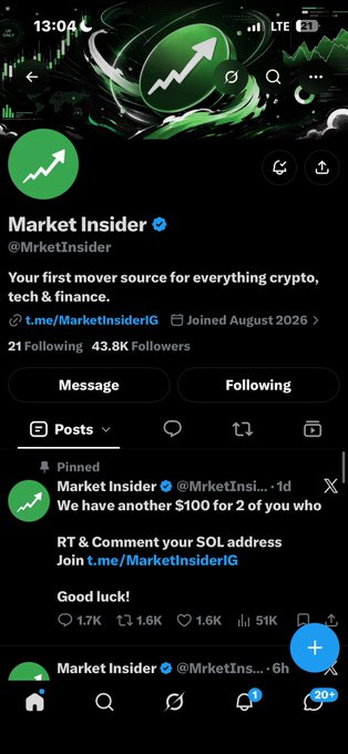 A Twitter/X profile page for 'Market Insider' (@MrketInsider) showing a pinned giveaway post offering $100 for retweets and comments.