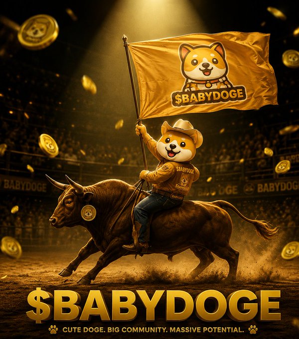 A cartoon Shiba Inu mascot wearing a cowboy hat rides a charging bull while waving a "$BABYDOGE" flag in a stadium filled with floating gold coins. The bold "$BABYDOGE" branding and tagline "CUTE DOGE. BIG COMMUNITY. MASSIVE POTENTIAL." reinforce the post's call for the community's loyalty to translate into major gains in 2026.