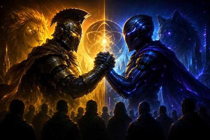 A dramatic digital artwork shows two armored knights—one lion-themed in gold, one wolf-themed in purple—clasping hands in an arm-wrestling pose under a glowing light, watched by a crowd.