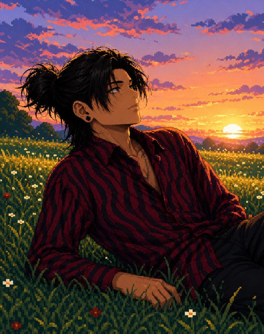 An anime-style illustration of a dark-haired man in a red striped shirt sitting in a grassy field of wildflowers, gazing toward a colorful sunset.