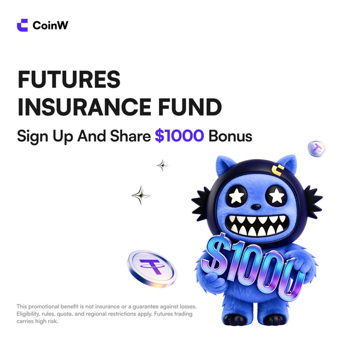 A CoinW promotional graphic featuring their blue star-eyed mascot holding "$1000" text, advertising the "Futures Insurance Fund" with a "$1000 Bonus" sign-up offer, directly supporting the tweet's announcement of the 1000 USDT Futures Bonus giveaway and insurance subsidy program.