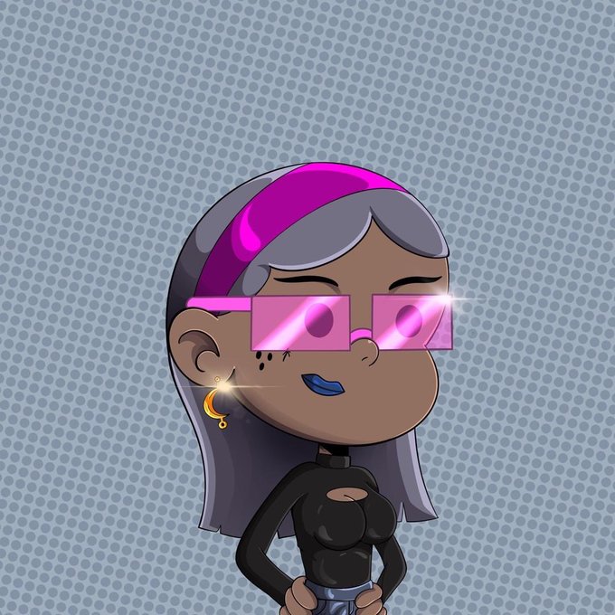 The image features a cartoon girl with long hair wearing glasses, a black top, and a pink headband. She has blue eyes and is smiling at the camera. The background of the image is gray with white polka dots, giving it a retro or vintage feel. There are also some words visible in the image that read "Good morning to absolutely everyone who believes in NFTs Happy Friday".