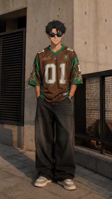 An anime-style illustration of a young man wearing sunglasses, a brown and green sports jersey with the number '01', baggy dark jeans, and sneakers, standing against a concrete wall.