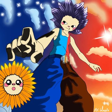 An anime-style illustration shows a spiky-haired character with glowing red eyes in a blue tank top reaching toward a small smiling sunflower against a dramatic split sky of stars and sunset, signed 'Arc Vemple'.