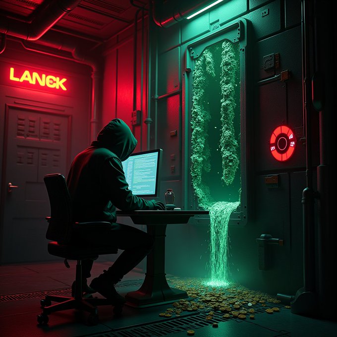 The image shows a person sitting at a desk with a computer, wearing a hoodie and working on their laptop. The room has a greenish hue, giving it an industrial or futuristic appearance. There are several coins scattered around the area, adding to the overall atmosphere of the scene. The post also mentions that this is "infinite mint" and "Secret Network".