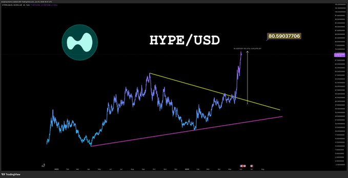 The focus of the image appears to be a chart showing a blue line that is either rising or falling over time, suggesting that a trend has developed for a certain asset (likely Bitcoin) such as its $USD value. The post seems to be related to cryptocurrency, specifically discussing the $HYPE chart and how it relates to a specific target, which is $USD. It may discuss the development of a cryptocurrency's price over time or analyze trends in cryptocurrency markets based on a particular asset's performance.