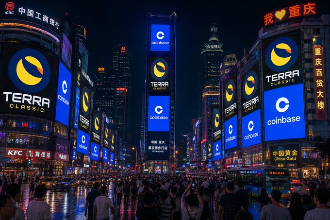 Vibrant nighttime shot of a bustling commercial district in Chongqing, China, where towering digital billboards prominently display "TERRA CLASSIC" and "Coinbase" logos alongside Chinese signage for businesses like ICBC and KFC, perfectly capturing the crypto community's "Gm $LUNC" energy amid the neon-lit cityscape.