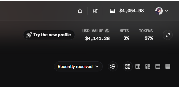 A dark-themed crypto wallet dashboard displays a total balance of $4,141.28 USD (97% tokens, 3% NFTs) with a $4,054.98 figure shown at the top, alongside icons for notifications, analytics, and a profile avatar—visually supporting the post's excited reaction about unexpectedly finding over $4K worth of random tokens in a wallet sent by Quinn.