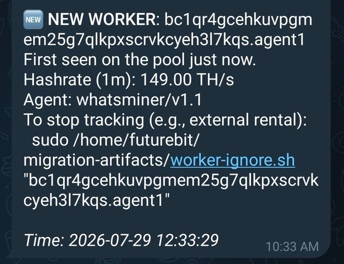 A notification showing a 'NEW WORKER: bc1qr4gcehkuvpgmem25g7qlkpxscrvkcyeh3l7kqs.agent1' with a Hashrate of 149.00 TH/s, Agent 'whatsminer/v1.1', and Unix timestamp '2026-07-29 12:33:29'.