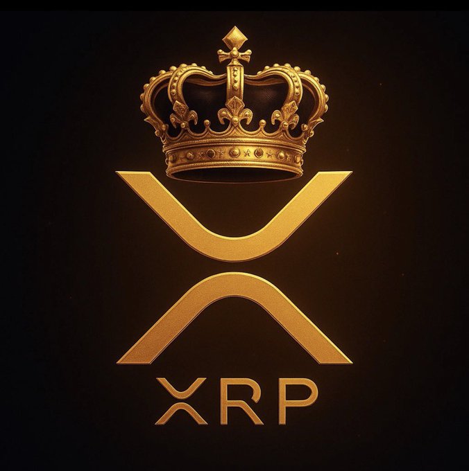 A digital artwork displaying the gold XRP (Ripple) cryptocurrency logo topped with an ornate golden crown against a black background.