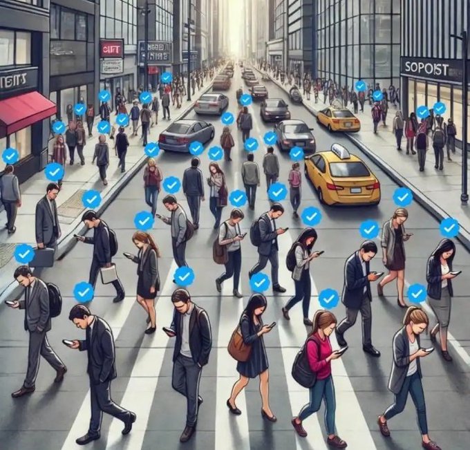 A bustling city street scene with pedestrians looking at phones, marked with blue checkmark verification icons above each person.