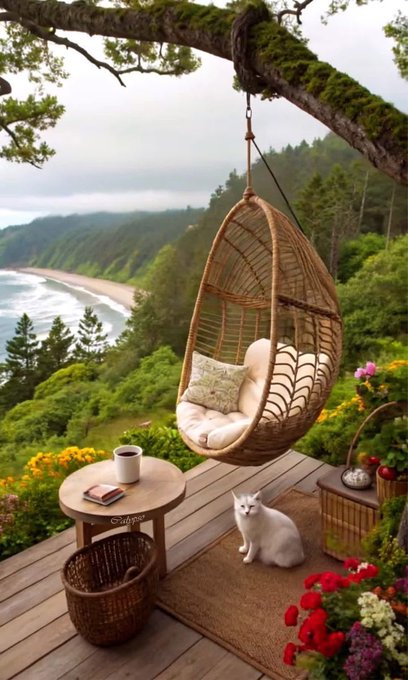 A hanging wicker egg chair on a coastal cliffside deck with a white cat, coffee cup, and a wooden table displays the text "CNPY," visually reinforcing the post's introduction of @CNPYNetwork as a serene, elevated infrastructure solution for scaling specialized AI applications.