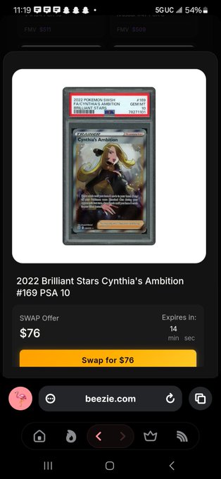 A mobile screenshot from beezie.com shows a 2022 Brilliant Stars Cyntha's Ambition #169 PSA 10 Pokemon card with a SWAP offer of $76 expiring in 14 minutes.