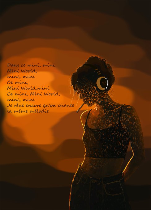 A silhouetted girl wearing headphones with a dotted figure overlay stands against an orange sunset sky, accompanied by the French lyrics: 'Dans ce mini, mini, Mini World, mini, mini Ce mini, Mini World,mini Ce mini, Mini World, mini, mini Je rêve encore qu'on chante la même mélodie'.