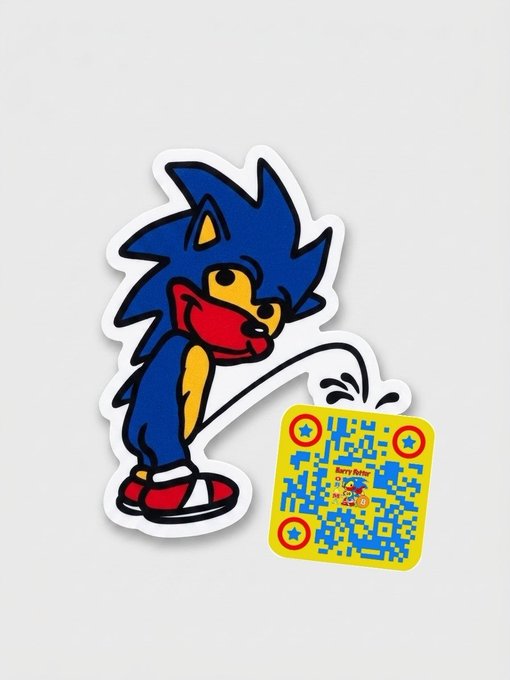 A cartoon sticker of a sad-looking Sonic the Hedgehog looking down at a yellow square featuring a QR code with 'Sorry Sorry' written in the center.