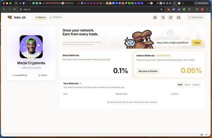 A screenshot of tren.ch's referral dashboard for user "Marjdi Cryptoiton" displaying a referral program offering 0.1% direct referral and 0.05% indirect referral rewards, with the referral link "https://tren.ch/@marjdiofficial" ready to be shared. The dashboard supports the post's message by providing the referral link and earnings structure needed to position users for the $TRENCH token launch and airdrop.