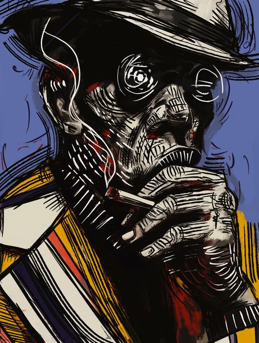 The image features a black and white portrait of a man wearing a hat, smoking a cigarette while looking down with his hand over his mouth. The background appears to be blue or purple, which contrasts with the monochrome style of the drawing. The caption at the bottom of the image reads "SOLD Thnaks to @web3_Berliner for grabbing an edition of 'Inner Monologue' Only 10 $XTZ".