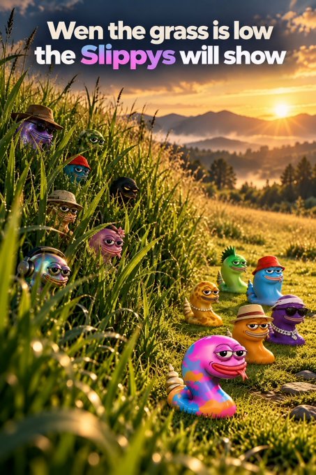 A digital illustration of colorful cartoon slugs wearing hats and accessories peeking out from tall grass at sunset, with the text "Wen the grass is low the Slippys will show" displayed at the top.