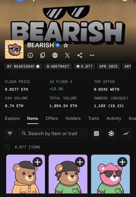 An OpenSea NFT collection page for 'BEARISH' showing a floor price of 0.0277 ETH, with a 13.9% 1-day floor increase and 6,077 items in the collection.