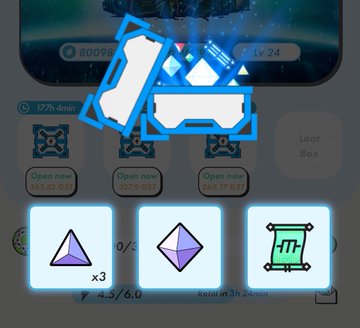The image shows a mobile game interface with three illuminated square buttons at the bottom displaying icons: a purple triangle (x3), a diamond shape, and a green rune-like symbol, along with text reading "MB5 4.5/6.0" and "Refresh in 2h 24min." Japanese text overlays indicate STEPN game progression with crates labeled "Open now 36G2G3" and counters showing "1776 Gems" and "8009891," relating to the user's post about playing STEPN with minimal gear to collect MB5 boxes in "P country" (Portugal region).