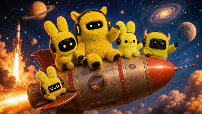 Several yellow fluffy creatures wearing headphones and sunglasses riding a red and silver rocket through space with planets and a galaxy in the background.