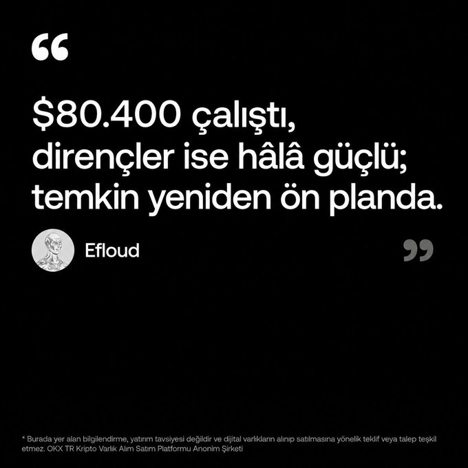 A black promotional graphic states, “$80.400 çalıştı, dirençler ise hâlâ güçlü; temkin yeniden ön planda.” (Efloud), with a disclaimer noting it is not investment advice and references to OKX, TR, Kripto, and Varlık Alım Satım Platformu. It does not visibly mention the accompanying BTC, ETH, ETHBTC, or BTC.D research report, though it appears related to the broader OKX Türkiye analysis campaign.