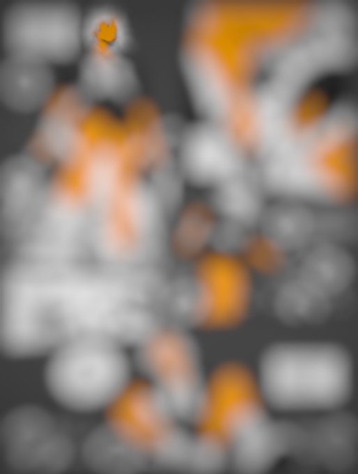A heavily blurred image featuring indistinct shapes in orange, white, and grey tones against a dark background.