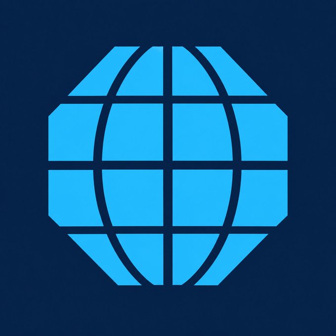 A simple blue icon depicting a globe or sphere is set against a dark navy blue background.