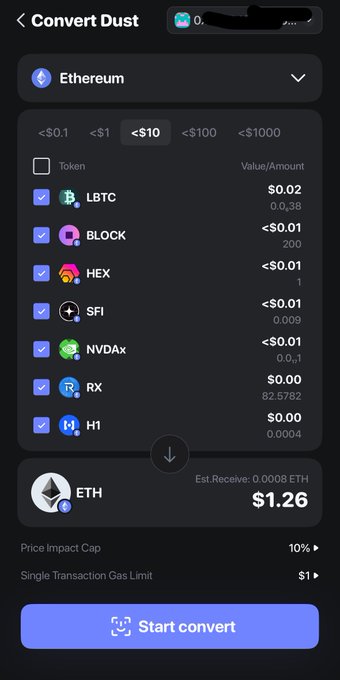 A cryptocurrency conversion app interface titled 'Convert Dust' on Ethereum, showing various tokens like LBTC, BLOCK, HEX, SFI, NVDxA, RX, and H1 with their values, and a 'Start convert' button for an estimated $1.26 ETH.